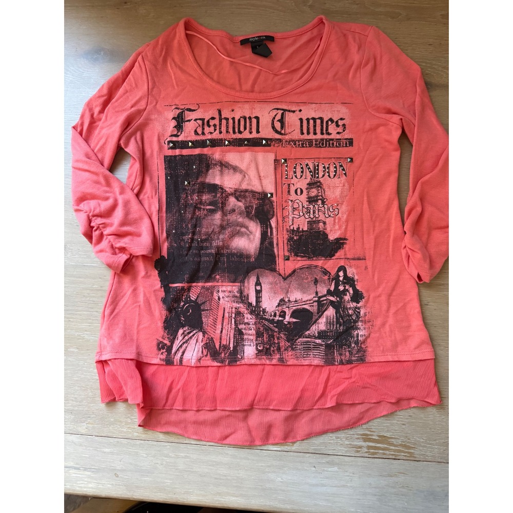 Style & Co Coral Pink Fashion Times Graphic Studded Layered Top Small